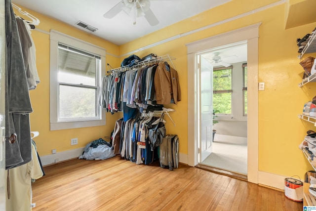 walk in closet with ceiling fan and light hardwood / wood-style flooring