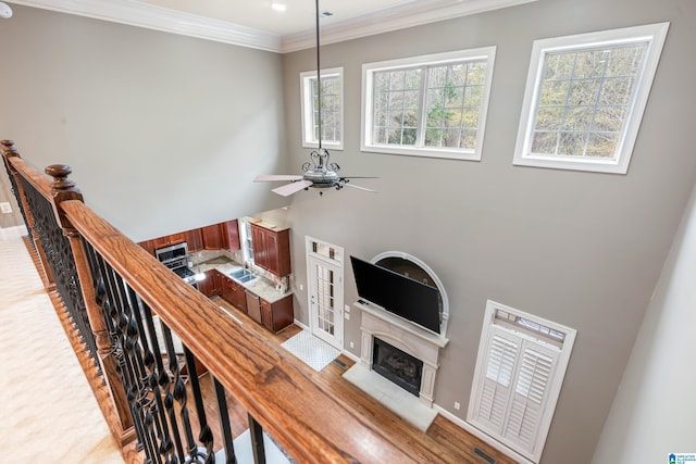 living room featuring light hardwood / wood-style floors, ceiling fan, ornamental molding, and sink