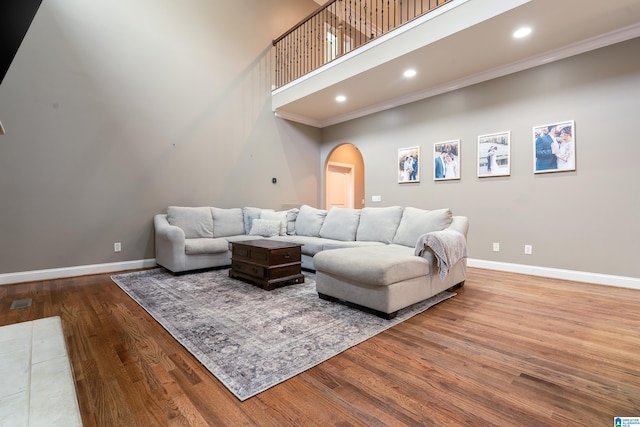 living room with hardwood / wood-style flooring, a towering ceiling, and crown molding