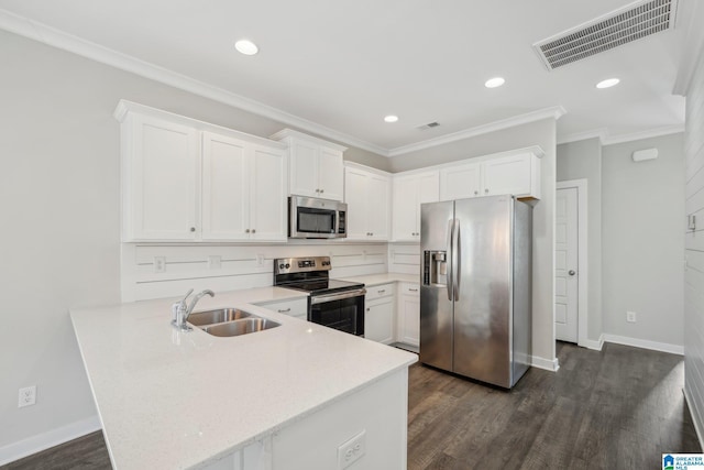 kitchen with sink, white cabinetry, kitchen peninsula, and appliances with stainless steel finishes