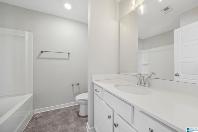 full bathroom with shower / bathing tub combination, vanity, and toilet