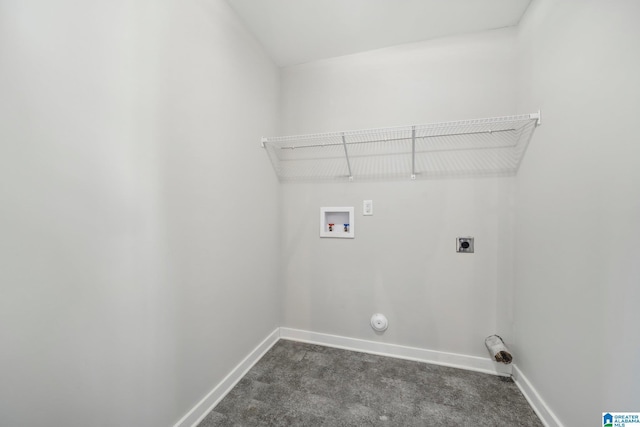 washroom with hookup for a washing machine, dark carpet, and hookup for an electric dryer