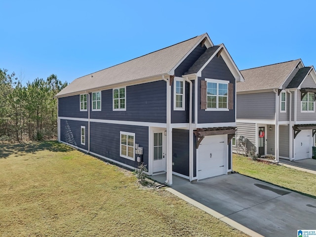 exterior space featuring a garage and a lawn