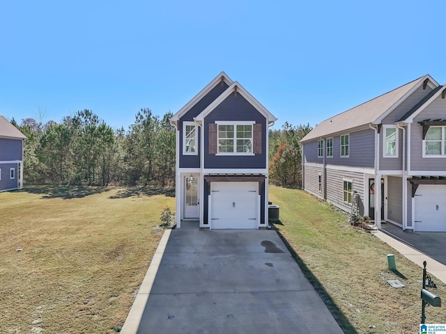 view of front of home featuring central AC unit, a garage, and a front yard