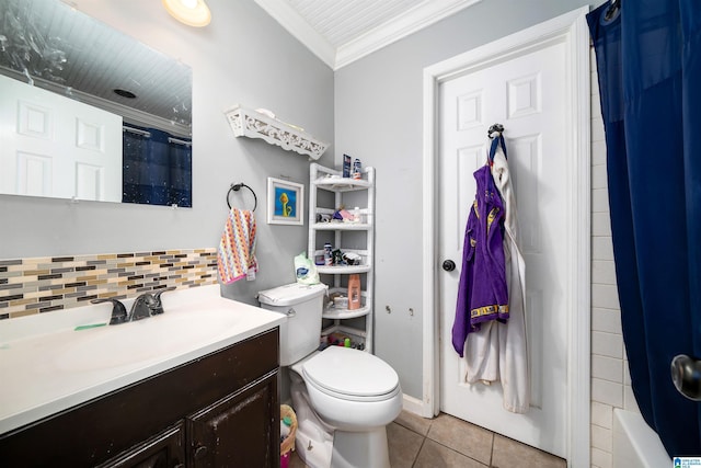 full bathroom with decorative backsplash, tile patterned floors, ornamental molding, vanity, and toilet