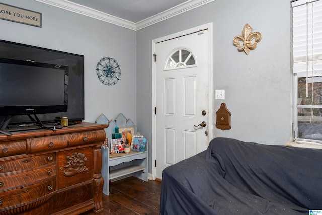 bedroom featuring dark hardwood / wood-style flooring and ornamental molding