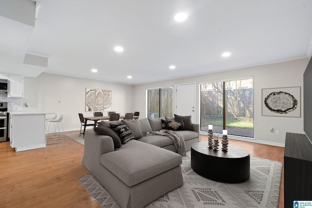 living room with crown molding and light hardwood / wood-style flooring