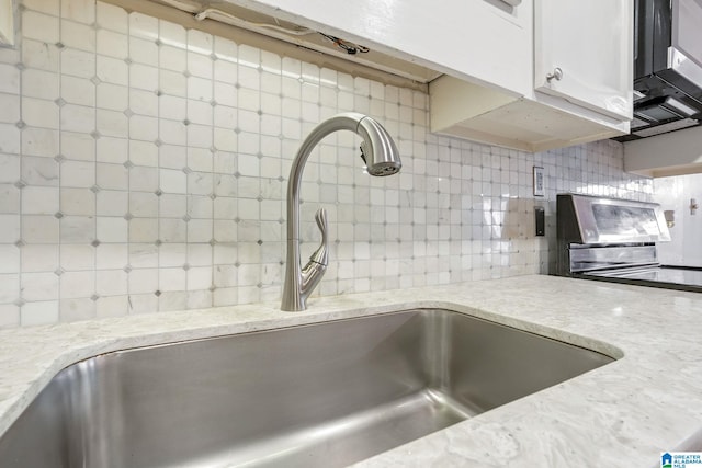 room details featuring white cabinetry, decorative backsplash, sink, and light stone counters