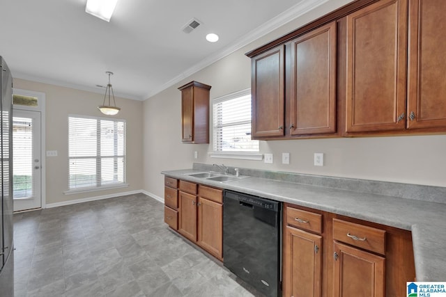 kitchen featuring dishwasher, ornamental molding, sink, and decorative light fixtures