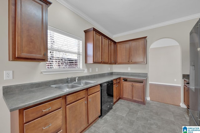 kitchen with sink, ornamental molding, and black dishwasher