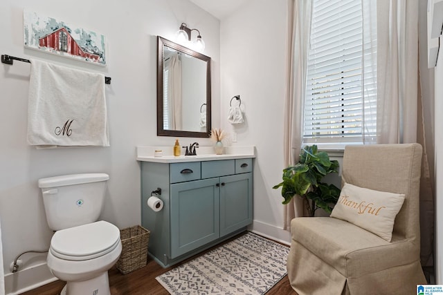 bathroom with hardwood / wood-style floors, vanity, and toilet