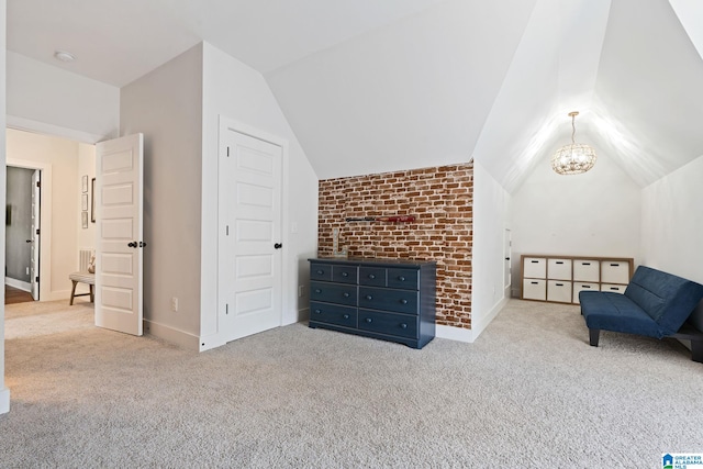 living area with light carpet and vaulted ceiling