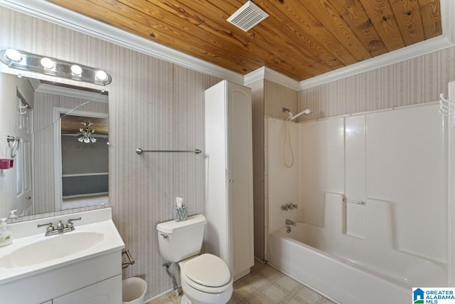 full bathroom featuring toilet, vanity, wood ceiling, shower / bathtub combination, and ornamental molding