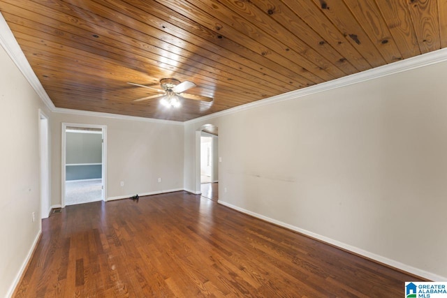 unfurnished room featuring crown molding, ceiling fan, wood ceiling, and dark hardwood / wood-style floors