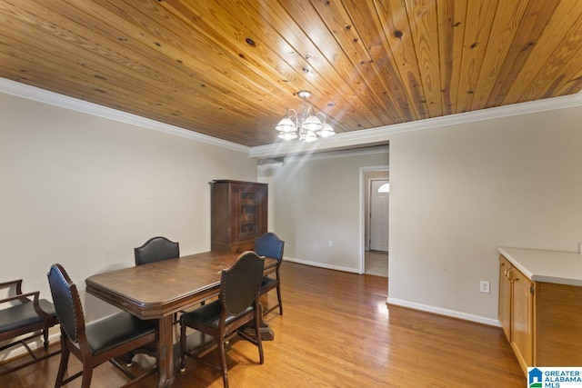 dining space featuring a notable chandelier, wood ceiling, crown molding, and light hardwood / wood-style flooring