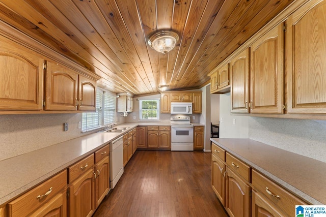 kitchen featuring sink, white appliances, dark wood-type flooring, and wooden ceiling