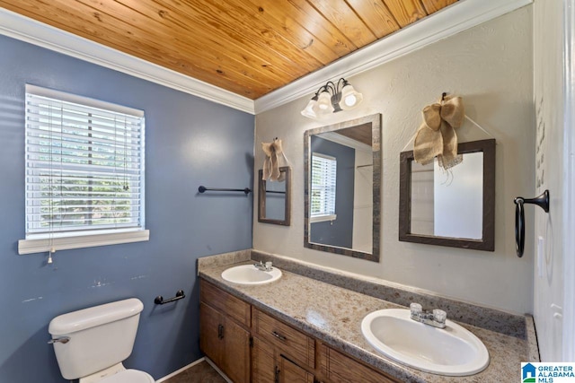 bathroom with ornamental molding, vanity, toilet, and wooden ceiling