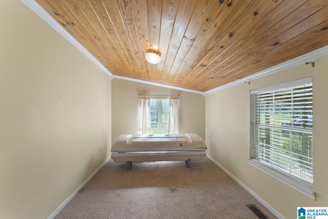 bathroom with lofted ceiling, crown molding, and wood ceiling