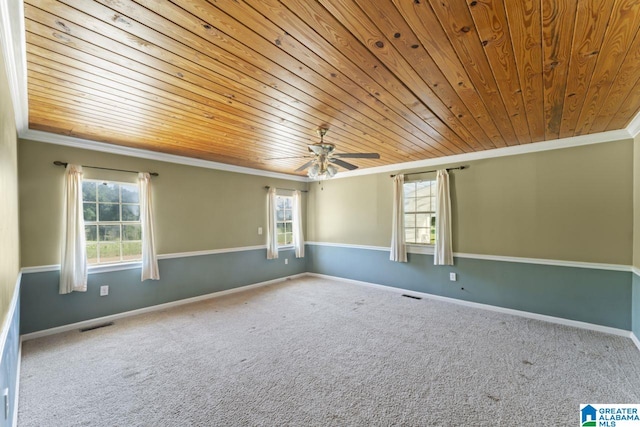 carpeted spare room with ceiling fan, ornamental molding, and wood ceiling