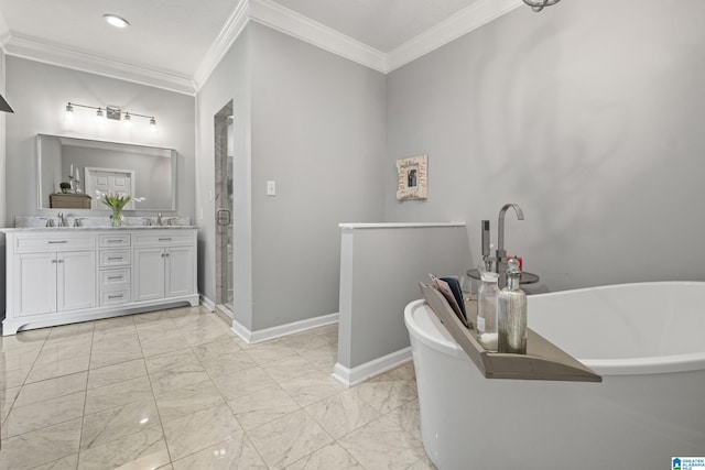 bathroom with crown molding, vanity, and plus walk in shower