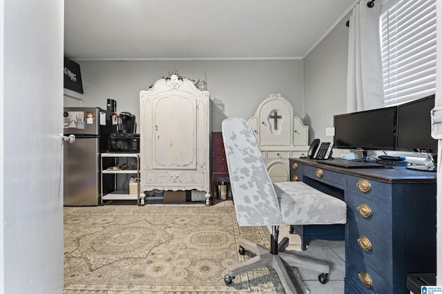 home office with crown molding