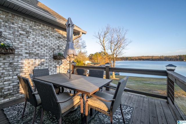 deck featuring a water view