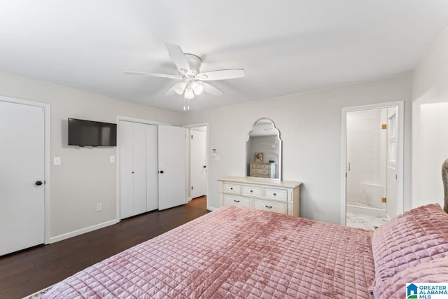 bedroom featuring dark hardwood / wood-style flooring, connected bathroom, and ceiling fan