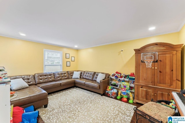 living room with ornamental molding