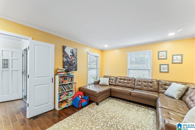 living room featuring a wealth of natural light, dark hardwood / wood-style floors, and ornamental molding