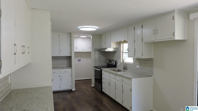 kitchen featuring white cabinetry, sink, light stone counters, dark hardwood / wood-style flooring, and stainless steel range with electric cooktop