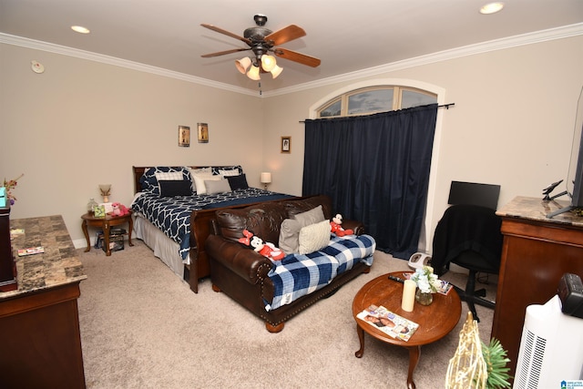 bedroom featuring ceiling fan, ornamental molding, and light carpet