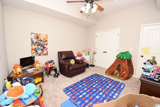 playroom featuring carpet flooring and ceiling fan