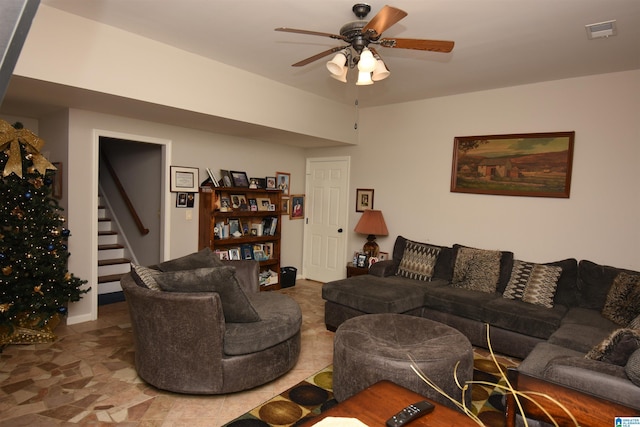 living room with ceiling fan