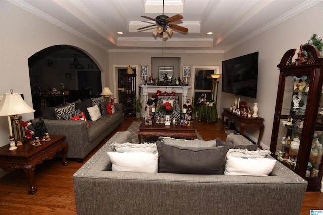 living room with a raised ceiling, dark wood-type flooring, and ornamental molding