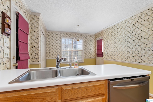 kitchen with sink, stainless steel dishwasher, decorative light fixtures, a textured ceiling, and ornamental molding