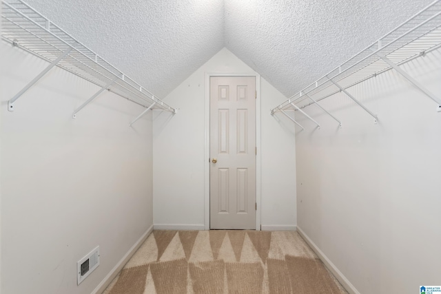 spacious closet featuring light colored carpet