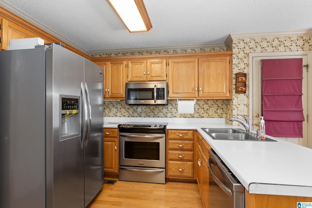 kitchen featuring sink, crown molding, light hardwood / wood-style floors, a textured ceiling, and appliances with stainless steel finishes