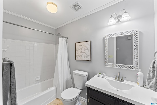 full bathroom featuring vanity, tile patterned flooring, toilet, ornamental molding, and shower / tub combo