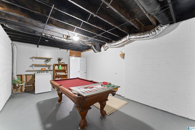 recreation room with concrete flooring, washer / clothes dryer, and pool table