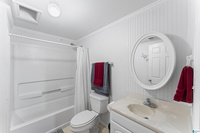 full bathroom with vanity, toilet, shower / bath combo with shower curtain, and crown molding