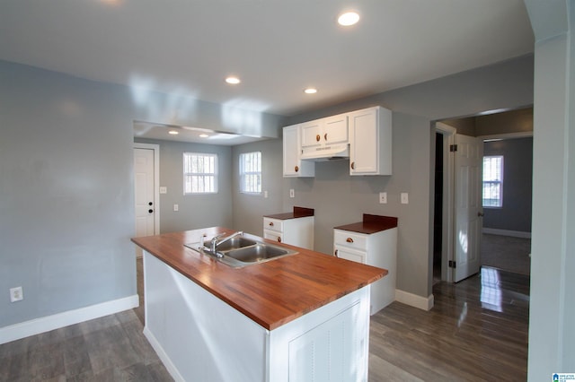 kitchen featuring white cabinets, sink, an island with sink, and dark hardwood / wood-style floors