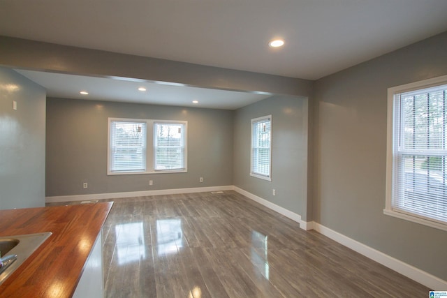 unfurnished room with dark hardwood / wood-style floors and sink