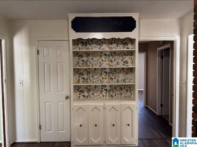 bar featuring white cabinetry, crown molding, and dark wood-type flooring