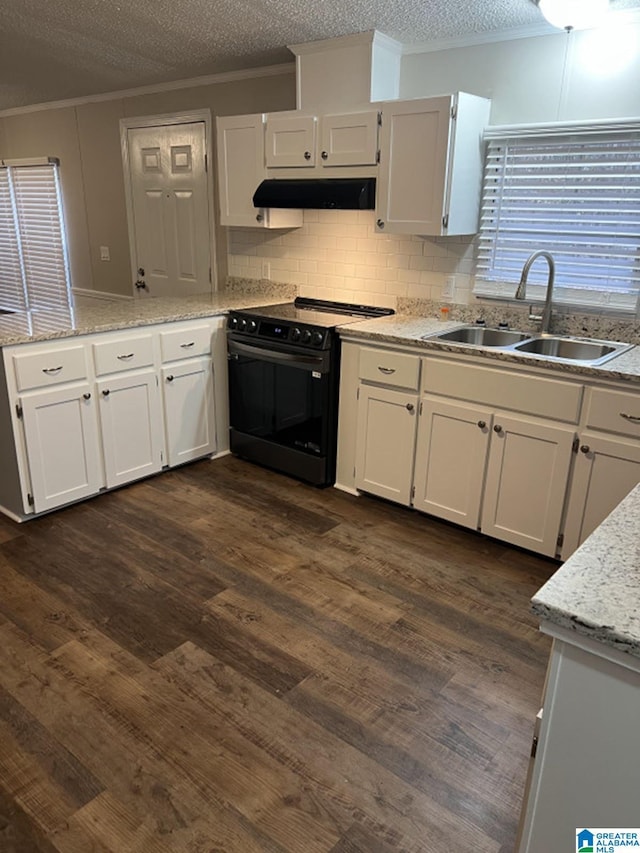 kitchen featuring white cabinetry, black electric range oven, dark hardwood / wood-style floors, and sink