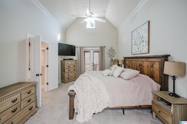 bedroom featuring access to exterior, ceiling fan, high vaulted ceiling, light carpet, and ornamental molding