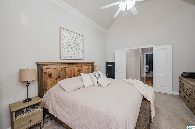 carpeted bedroom with ceiling fan, high vaulted ceiling, and ornamental molding