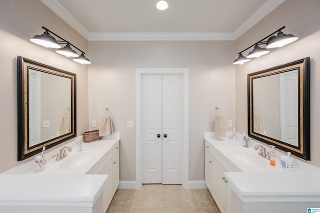 bathroom featuring tile patterned flooring, vanity, and ornamental molding