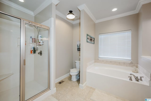 bathroom featuring tile patterned flooring, separate shower and tub, toilet, and crown molding