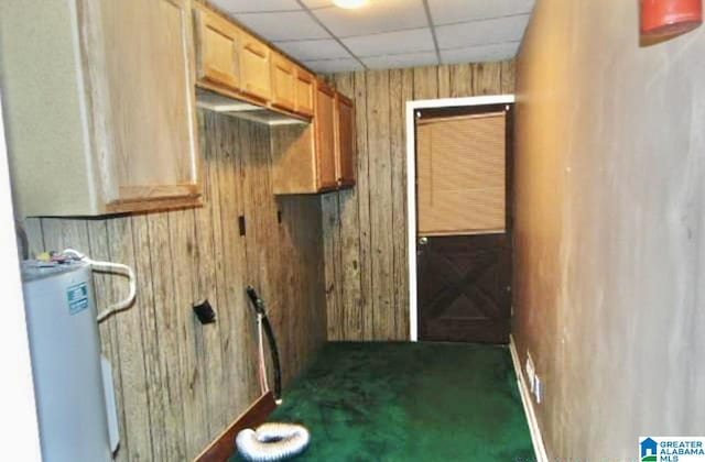 laundry area with dark colored carpet, wooden walls, and water heater