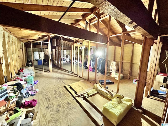 miscellaneous room featuring lofted ceiling with beams and wooden ceiling